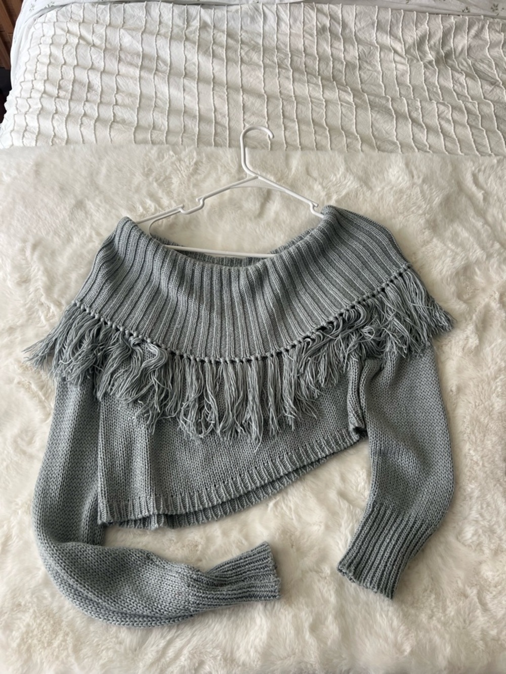 Lovers + Friends Fringe Off-Shoulder Sweater in Light Gray